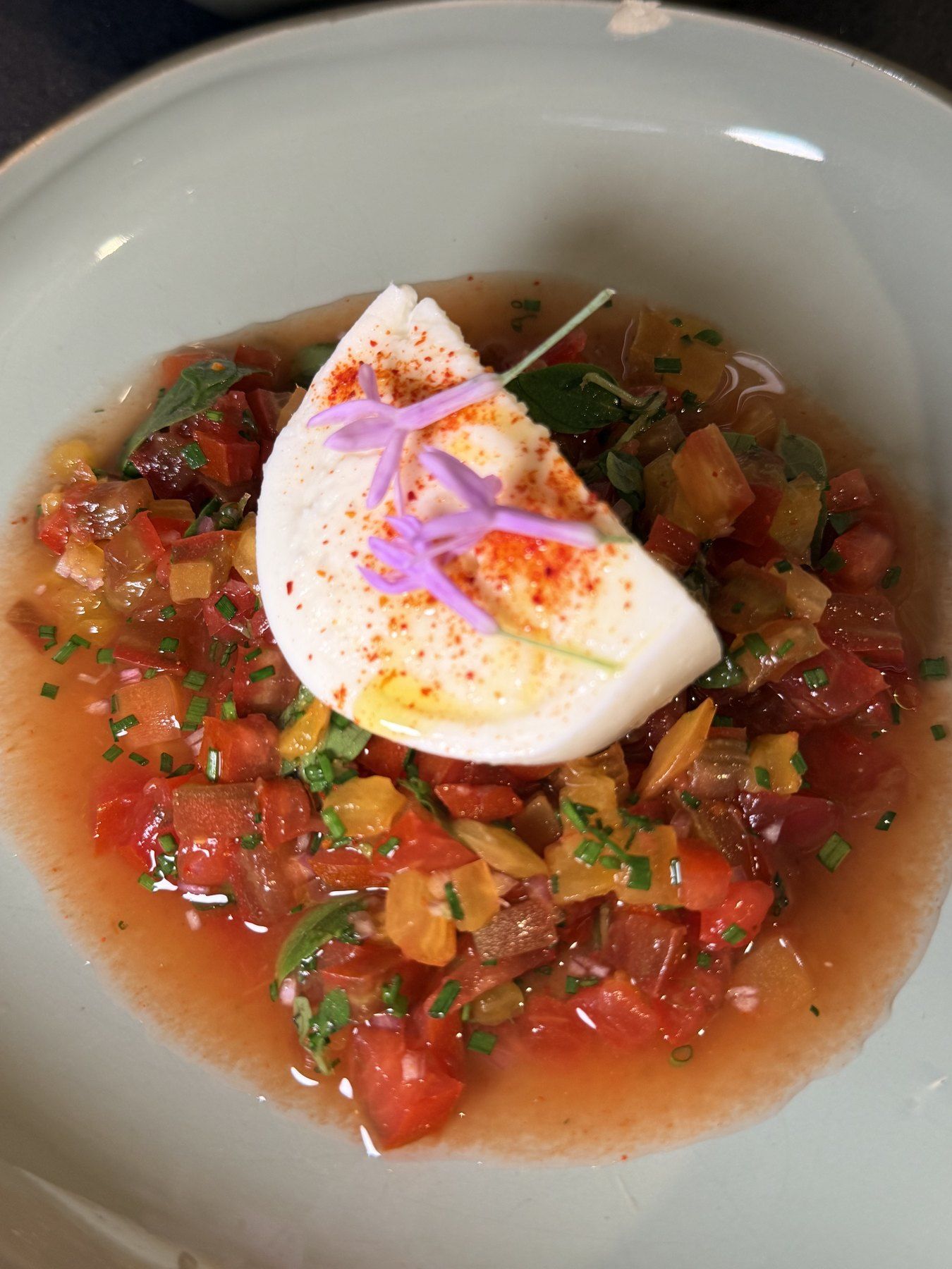Burrata sur une salade de tomates en dés, pétales de fleurs comestibles, dans une assiette creuse blanche.