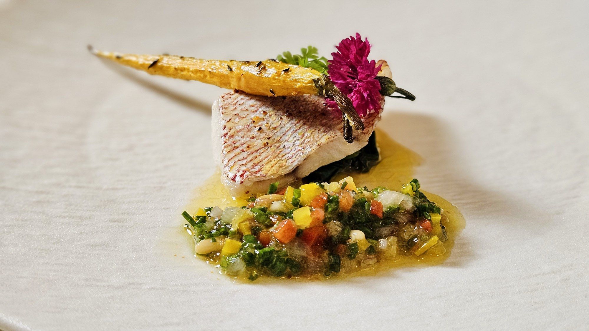 Red mullet fillet with glazed baby carrot, herb-vegetable condiment and edible flower.