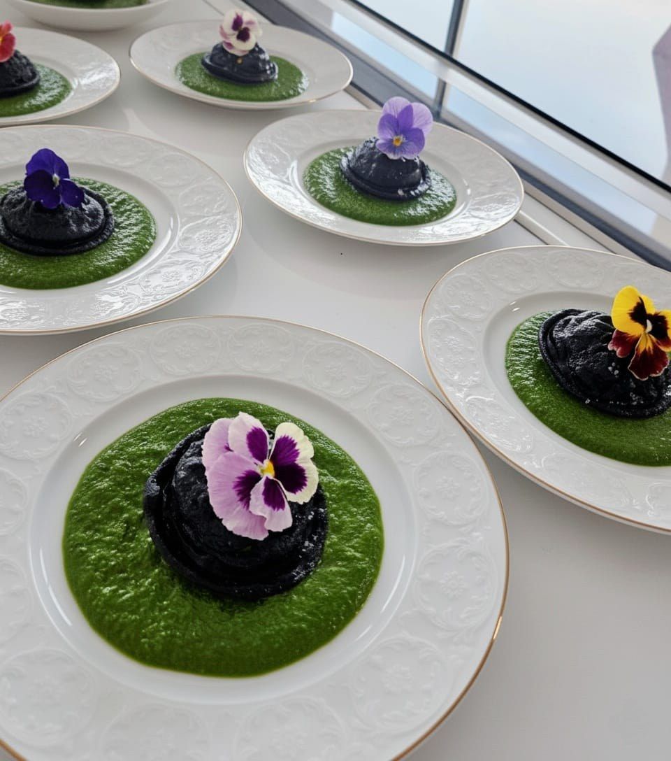 Black quenelles on a fresh-pea coulis, plated in series with edible pansies.
